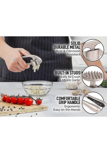Sarımsak Presi - Silikon Sarımsak Soyucu Ve Temizleme Fırçası Dahil - 3 Parça - Sağlam Kolay Temizlenen Sarımsak Ezici Gümüş Siyah