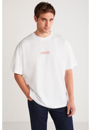 Grimelange Vıto Erkek %100 Organik Pamuklu Nakış Yazı Detaylı Oversize Bol Kesim Kısa Kollu Beyaz T-shirt