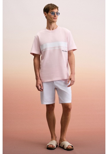 LAMINE Erkek Baskı Ve Nakış Detaylı %100 Organik Pamuk Bisiklet Yaka Kısa Kollu Regular Fit Pembe T-