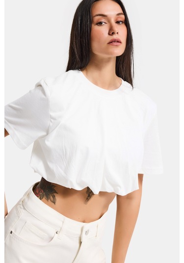 Itsbasic Kadın Kırık Beyaz S6-101 Crop Balon Fit T-shirt