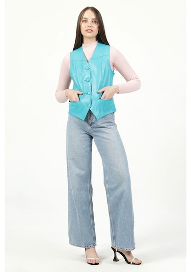 Dericlub Dc-001 Hakiki Deri Kadın Yelek Turkuaz