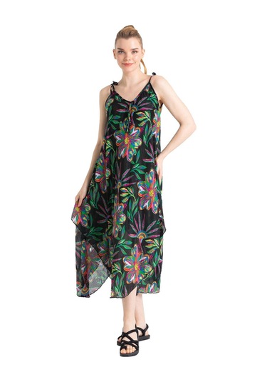 Askılı Vual Afrodit Midi Boy Elbise Etnik Siyah 6193 - Kadın Siyah