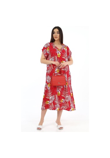 Schık Kadın Viskon Yarım Kol V Yaka Halkalı Cepli Elbise Kırmızı Kırmızı