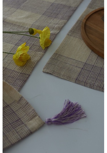 Yakacihome Juta Mor 5 Parça 4 Parça Amerikan Servis & 1 Parça Püsküllü Runner Jüt Kumaş Sofra Seti Mor