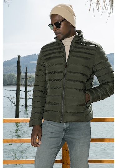 Buratti Dik Yaka Fermuarlı Cepli Slim Fit Şişme Erkek Mont 649002 Haki