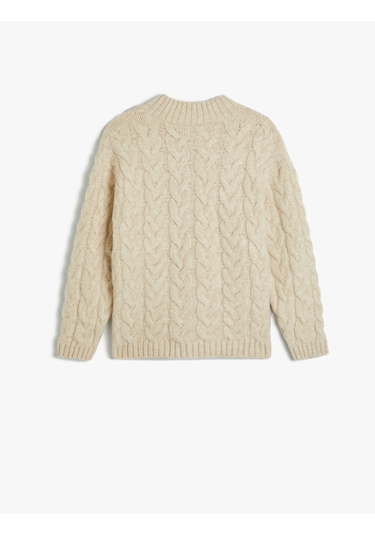 Koton Yarım Fermuarlı Saç Örgüsü Detaylı Uzun Kollu Kazak Bej 5wkb90004ht Ekru