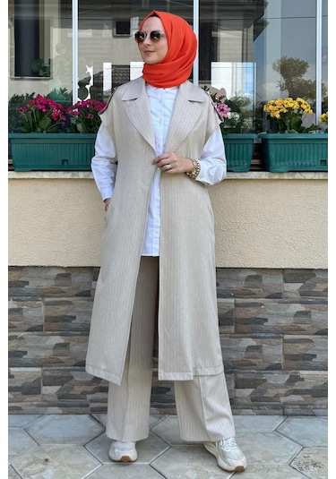 Apoletli Çizgili Takım Bej Çok Renkli