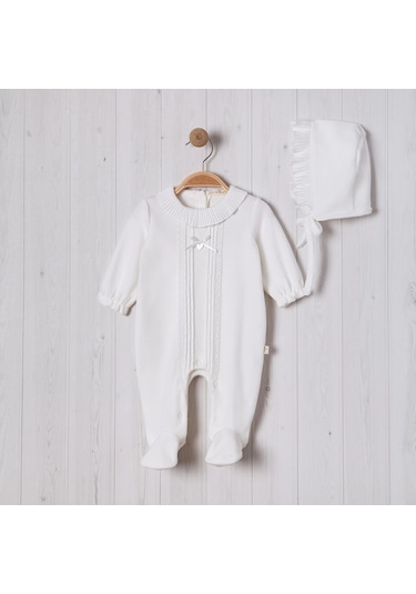 Nervürlü Yakası Fırfırlı Şapkalı Bebe Kız Tulum Ekru