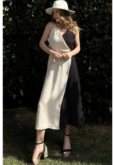 Kadın Siyah & Bej Color Block Kruvaze, Hasır Askı Detaylı, Yırtmaçlı, Uzun Airobin Elbise Siyah Kadın Siyah & Bej Color Block Kruvaze, Hasır Askı Detaylı, Yırtmaçlı, Uzun Airobin Elbise Siyah