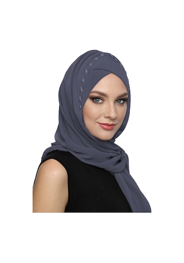 Şallı Takmatik Taşlı Koyu Gri Hazır Türban Tesettür Bone Namaz Örtüsü Koyu Gri