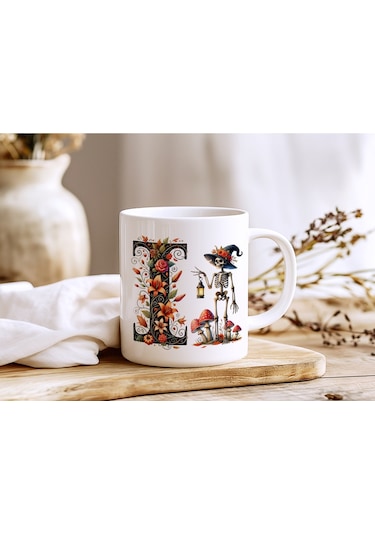 I Harfi Şapkalı İskelet Figürlü Ve Çiçekli Kupa Bardak - Cadılar Bayramı / Halloween Özel Hediye Beyaz