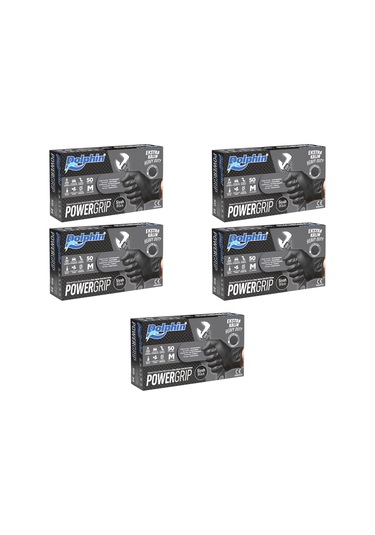 Dolphin Nitril Powergrip Ekstra Kalın Elmas Dokulu Eldiven Siyah Meidum Orta Boy - 50'li 5 Paket