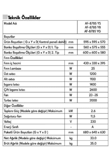 Vestel AF-8785 YS 78 LT LightFry Teknolojili Ankastre Fırın