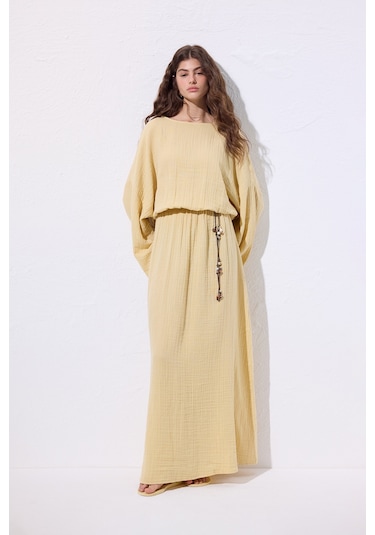 Müslin Beli Büzgülü Elbise Sarı Sarı