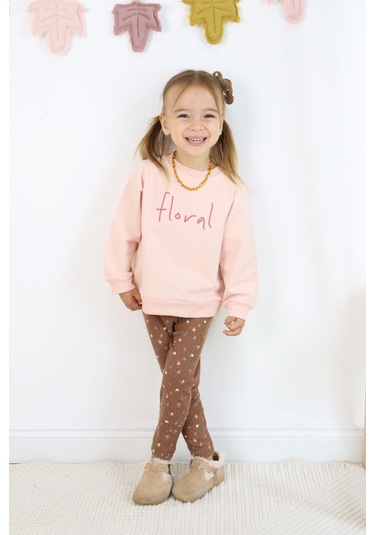 Kız Çocuk Floral Nakışlı İki İplik Kumaş Taytlı Takım Toka Dahildir. Açık Pembe