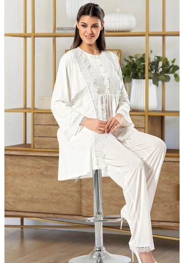 Xses 4100 Kadın Hamile Lohusa Sabahlıklı Pijama Takım-ekru