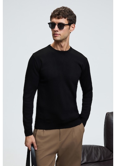 Grimelange VAREX Erkek Yuvarlak Yaka Basic Slim Fit Triko Siyah Kazak