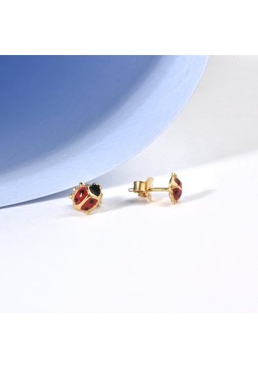 14 Ayar Altın Kaplama Minik Uğur Böceği Çivili Gümüş Küpe - Ee00100 Altın