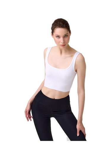 Cottonhill Premium - Kadın Beyaz Seamless Orta Boy Kare Yaka Crop Top Büstiyer Beyaz