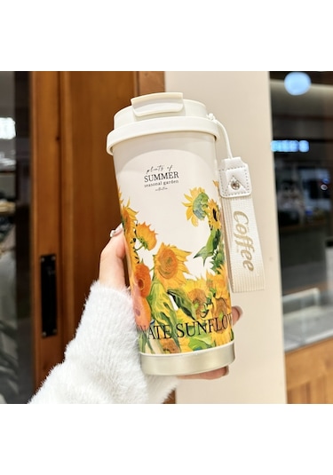 Suzuka Orkide Paslanmaz Çelik Kahve Fincanı 316 Yük Çift İçme Termos Bardak Yüksek Değerli Su Bardağı Yaz Bahçe Kahve Fincanı-ayçiçeği