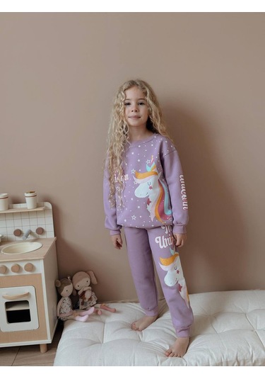 Kız Çocuk Unicorn Modelli 3 İplik Takım Lila