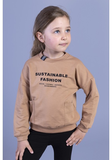 Toontoy Kız Çocuk Cep Detaylı Baskılı Sweatshirt Kahverengi