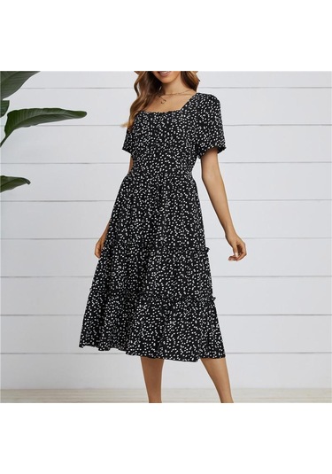 Yaz Aşk Desen Nokta Baskı Elbise Kadın Rahat A-line Kısa Kollu Kare Yaka Ruffles Orta Uzun Şifon Kırmızı Siyah Mavi Yeşil S-xl Kırmızı