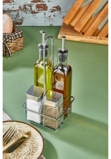 Cooker 5 Parça Standlı Cam Yağdanlık Sirkelik Sosluk Baharatlık Seti Ckr1228 Gri