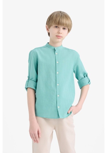 DeFacto Erkek Çocuk Dik Yaka Keten Görünümlü Uzun Kollu Gömlek Z1035A625SMGN1106