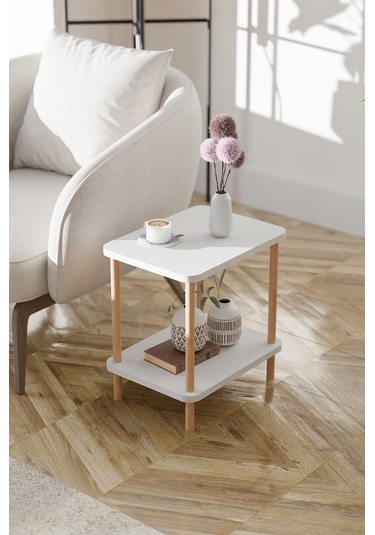 2 Raflı Yan Sehpa Geniş Gazetelik Kitaplık Çiçeklik -beyaz