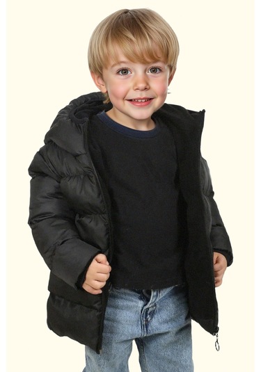 Erkek Çocuk Polarlı Kürklü Kapüşonlu Su Geçirmez Rüzgara Dayanıklı Şişme Kışlık Mont Kaban Siyah