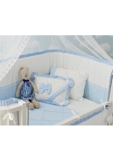 Meltem Kids Bambino Sallanır Ahşap Anne Yanı Beşik 70x110 CM (Beyaz-Mavi) Mavi