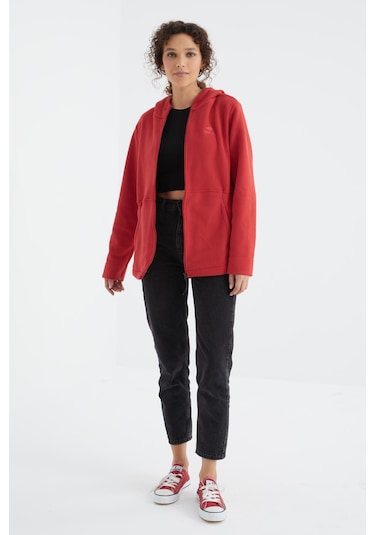 Tommy Life Fiesta Kapüşonlu Fermuarlı Rahat Form Kadın Polar Sweatshirt - 97233 Kırmızı