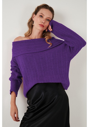Lela Oversize Fit Madonna Yaka Triko Bayan Kazak 4615216 Mor