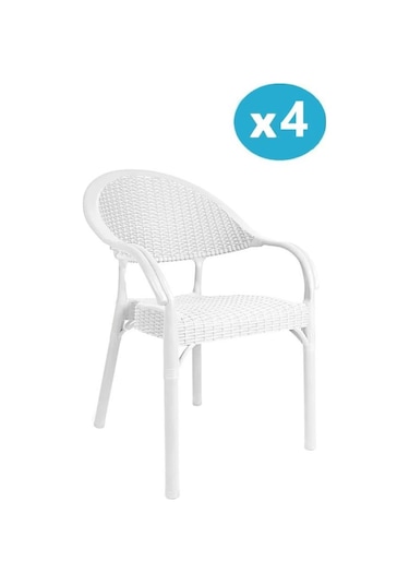 Omnipazar Irk-hk735 Bambu Rattan Desenli Plastik Bahçe Sandalye Koltuk 4'lü Set Beyaz