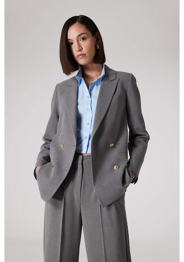 DeFacto x Sorbe Kruvaze Yaka Basic Düz Düğmeli Blazer Ceket D9922AX24AUAR222 Antrasit