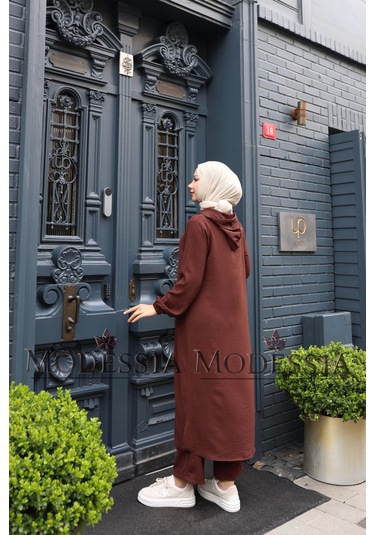 Kadın Kahve Aerobin Uzun Kapşonlu İkili Takım T0218 Kahve Kahverengi