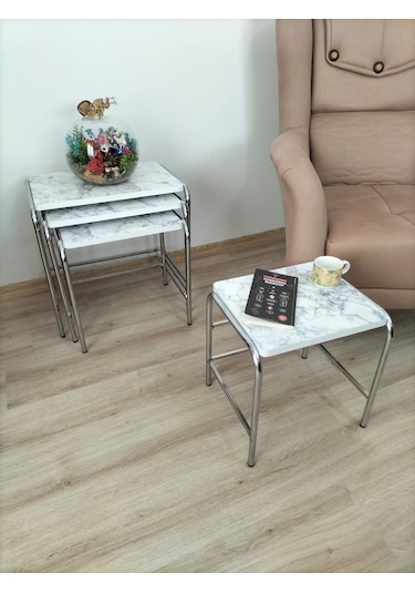 Evko Mobilya Buket Sehpa, 4'lü Zigon Sehpa, Dörtlü, Krom-b.mermer