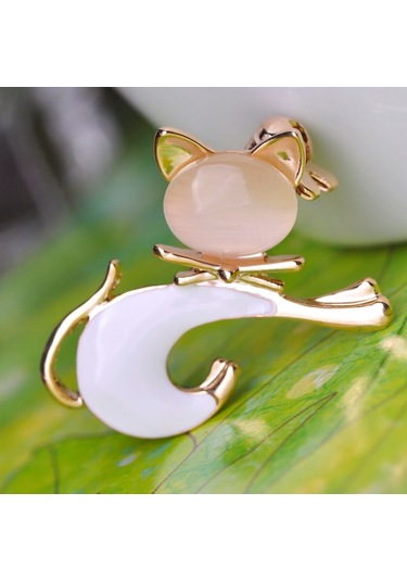 Sones Sevimli Kedi Broşu Kedi Gözü Taş Broşu Beyaz