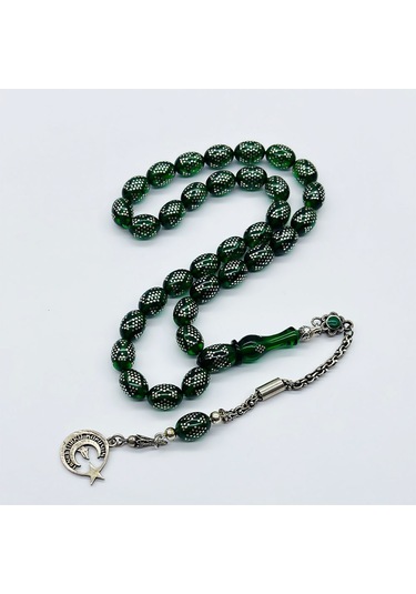 Yeşil Renkte 925 Ayar Gümüş İşlemeli Sıkma Ateş Kehribar Tesbih