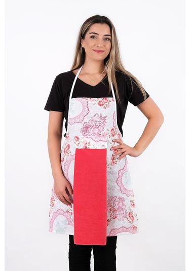 Flower 4lü Set Mutfak Önlüğü Havlulu Mutfak Önlüğü Fırın Eldiveni Ve Tutacak Kırmızı