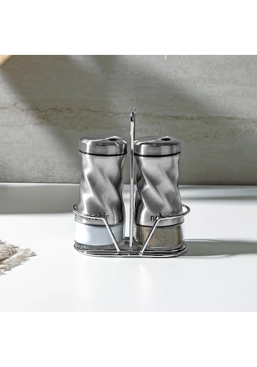 Nehir Burgulu Standlı 2 Parça Paslanmaz Çelik Baharatlık Seti Gri