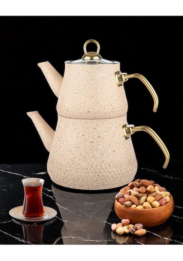 Enashop Granit Kaplama Gold Kulplu Cam Kapak Çaydanlık Krem Krem