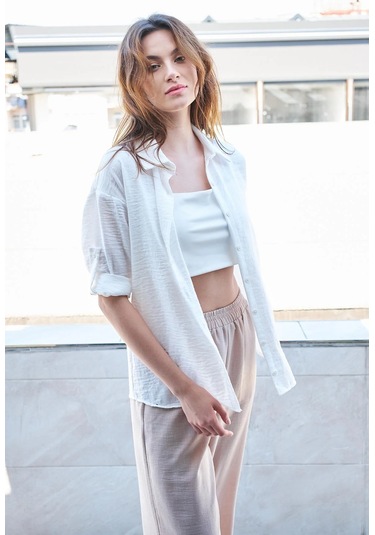 Kadın Keten Düşük Omuzlu Yakalı Kapri Kol Apoletli Gömlek -krem Krem