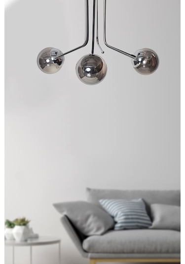 Luzarana Optik 3 Lü Krom Siyah Metal Gövde Füme Camlı Tasarım Lüx Avize Çok Renkli