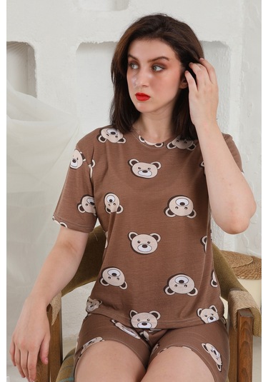 Fames Pijama Yazlık Desenli Loose Crop Şortlu Pijama Takım Kahverengi