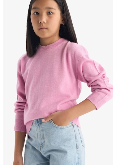 Defacto Kız Çocuk Standart Fit Bisiklet Yaka Triko Kazak C6902a825aupn444 Pembe