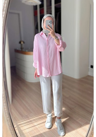 Kahijab Nakışlı Pul Detay Oversize Gömlek - Pembe