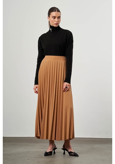 Krep Örme Piliseli Vizon Etek Ekru