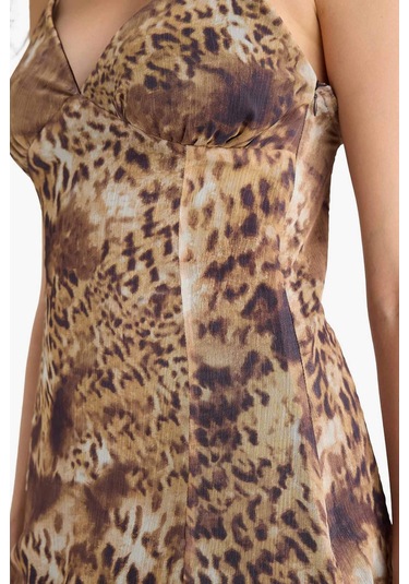 Defacto V Yaka Leopar Desenli Şifon Askılı Mini Elbise F7946ax25smbn341 Kahve